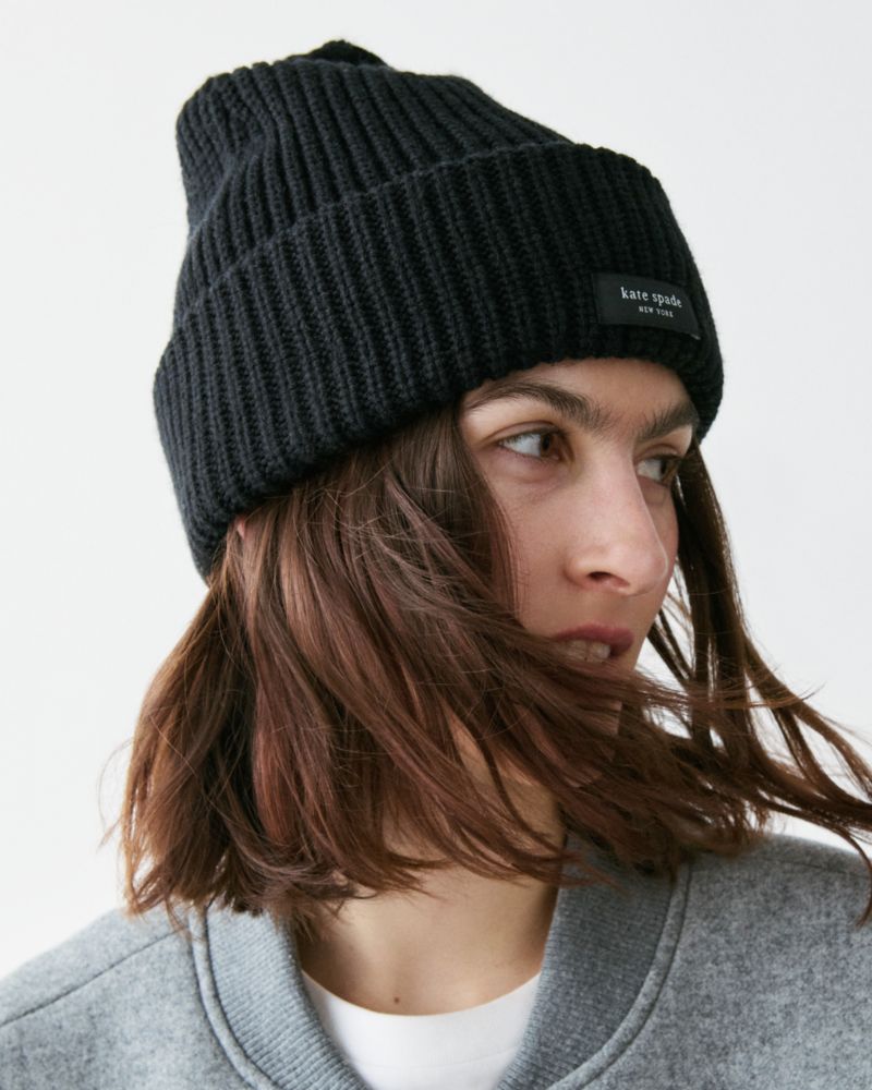 Kate Spade,Sam Label Beanie,Wool,Acrylic,Beanie,Tag Embellishment,Casual,Black
