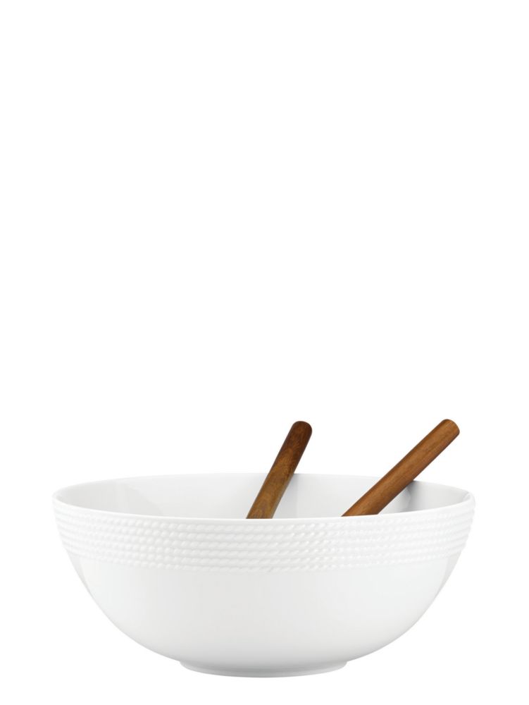 Kate Spade,Wickford Salad Set With Wooden Servers,Salad Servers,Salad Bowl,Wood,Porcelain,Beaded Border,Set,White