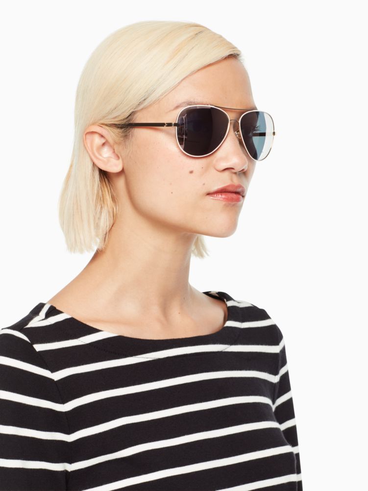 Kate Spade,Avaline Sunglasses,Aviator,Polycarbonate,Adjustable Nose Pads,Brow Bar,Gold Metal,Casual,