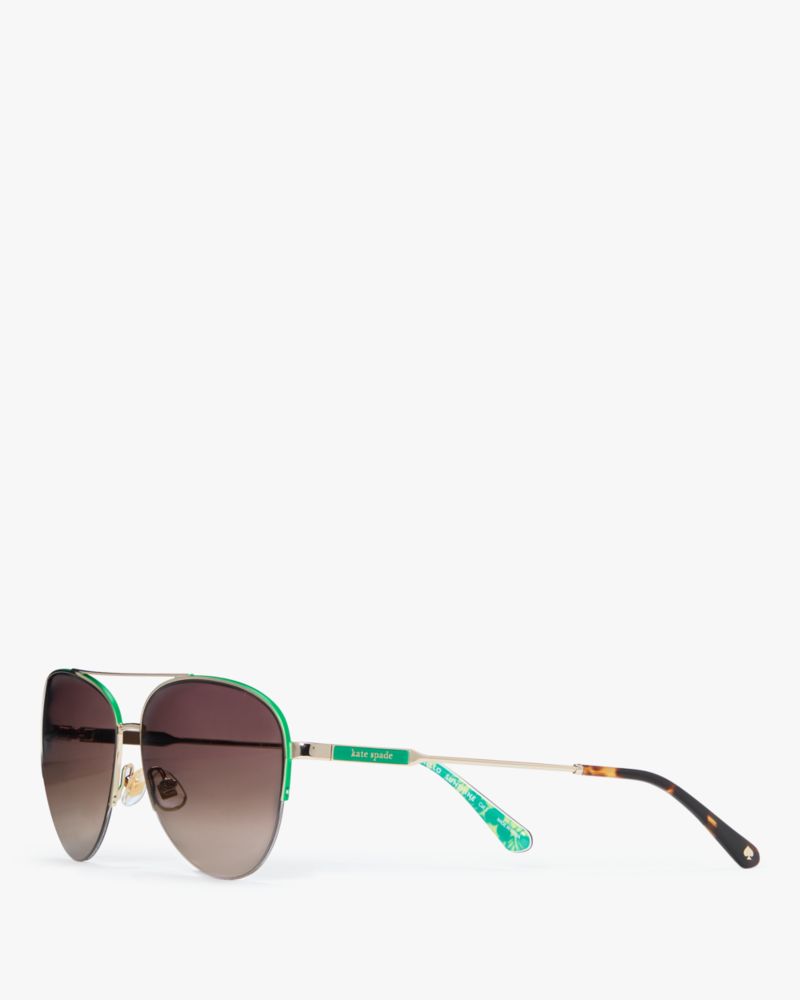 Kate Spade,Janece Sunglasses,Aviator,Acetate,Word Embellishment,Brow Bar,Adjustable Nose Pads,Gold Metal,Casual,