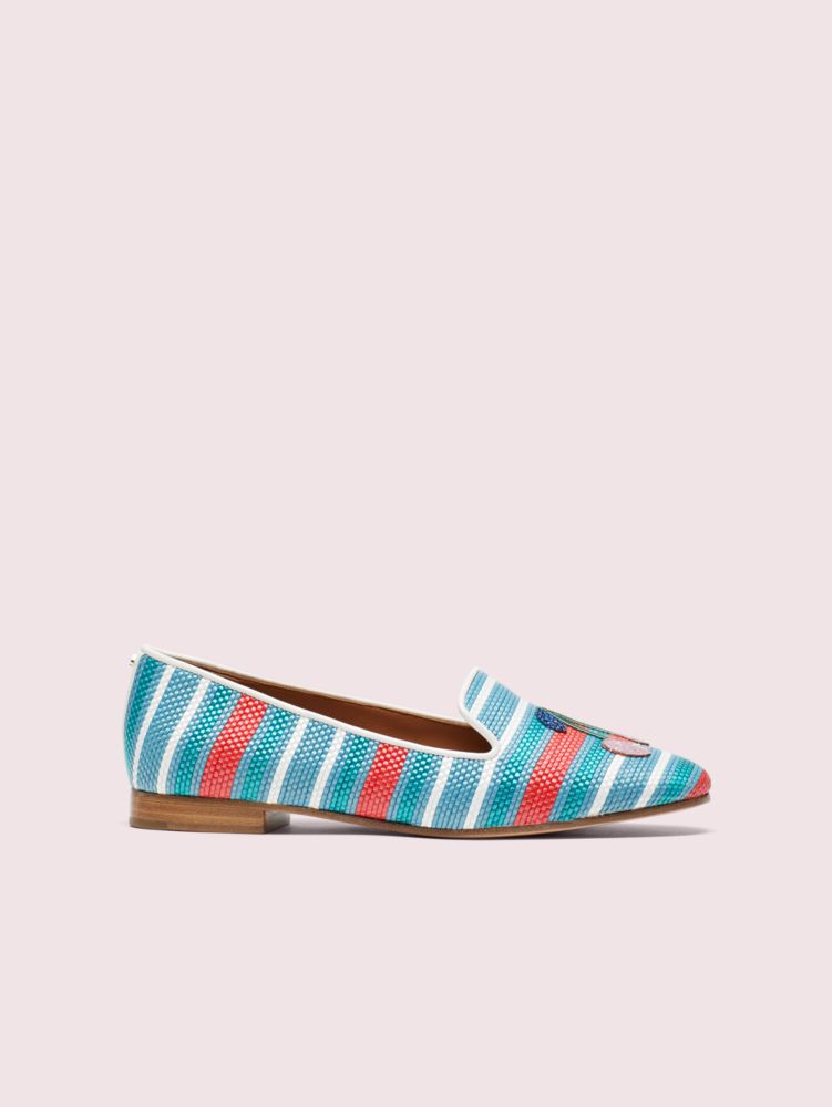 Kate Spade,lounge cherries striped raffia loafers,flats,Blue Multi