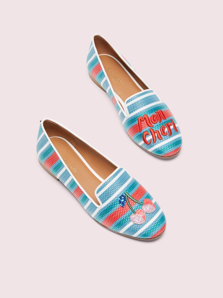 Kate Spade,lounge cherries striped raffia loafers,flats,Blue Multi