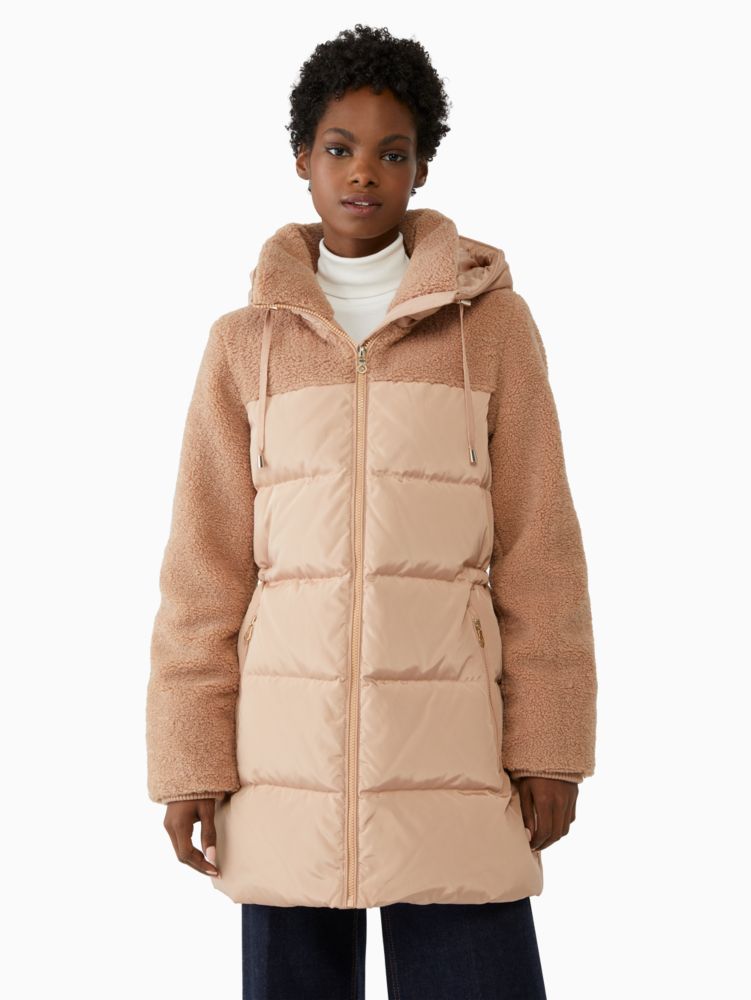 Kate Spade,Mixed Media Sherpa Puffer,Beige