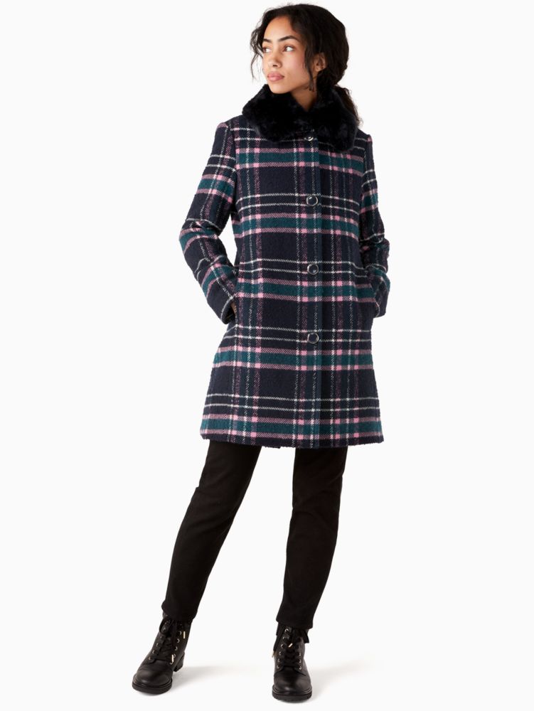 Faux Fur Collar Plaid Coat Kate Spade Outlet