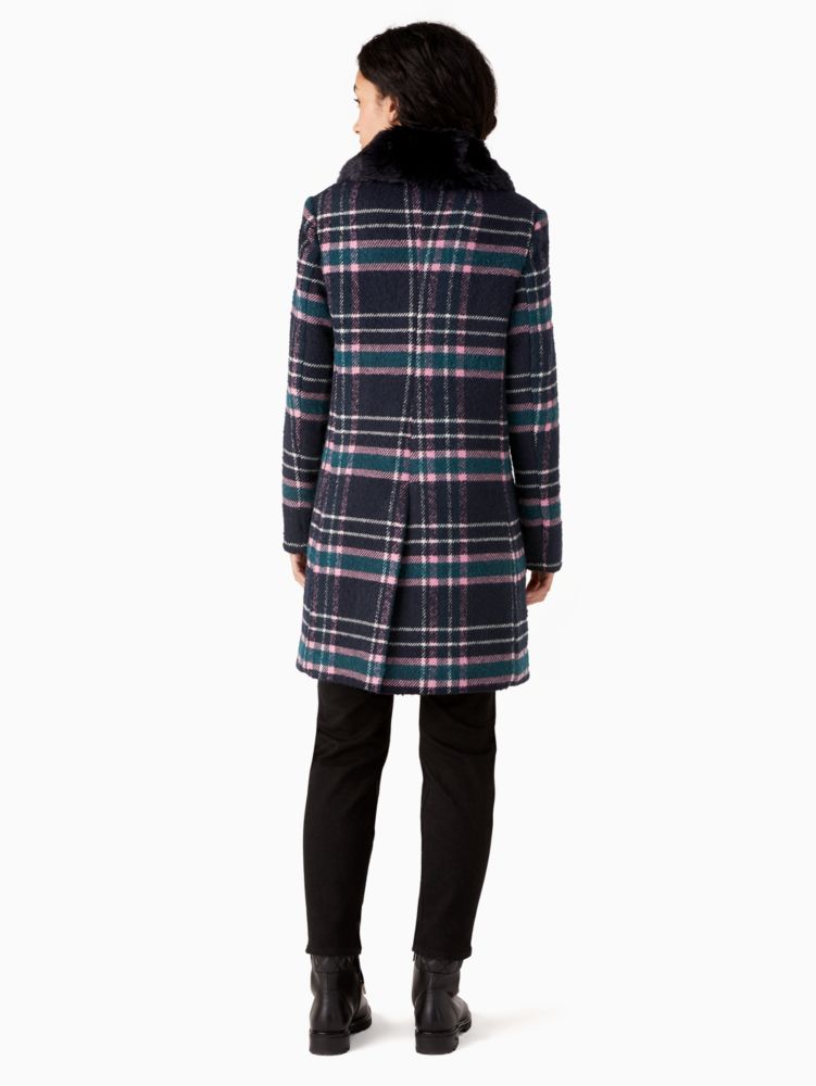 Kate Spade,faux fur collar plaid coat,Polyester/Wool,60%,Blazer Blue