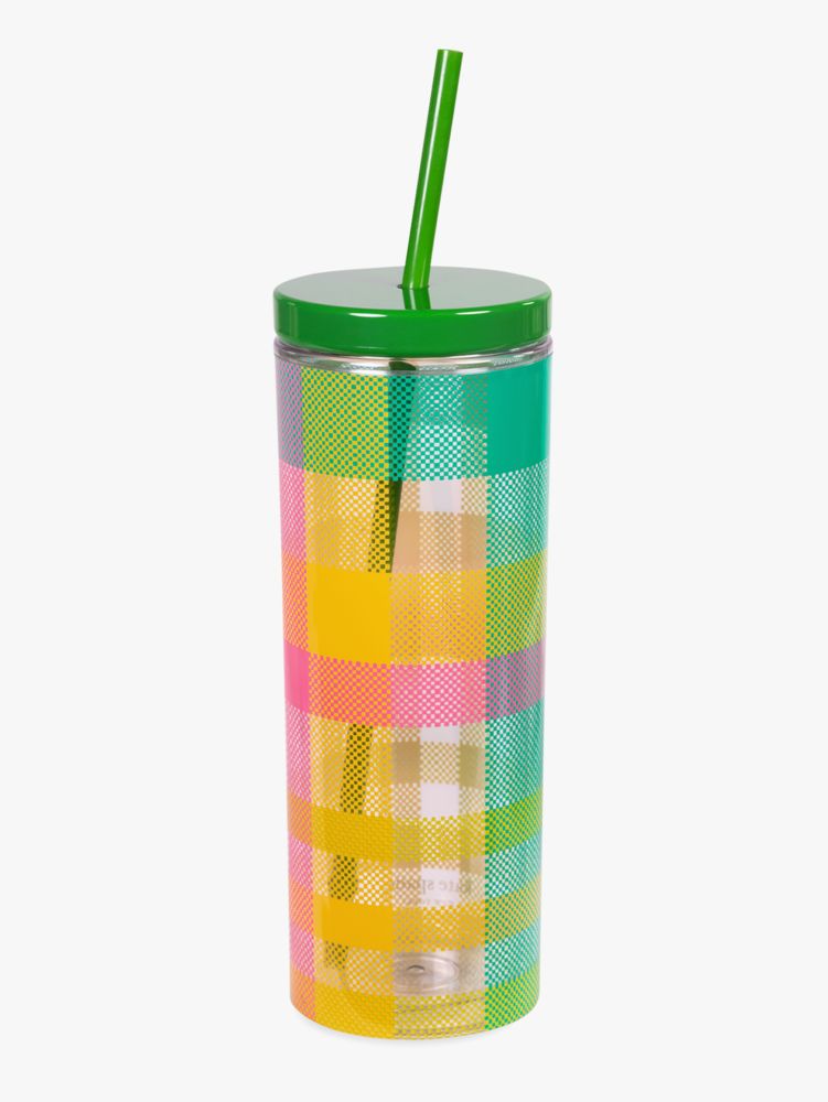 Kate Spade,Garden Plaid Acrylic Tumbler With Straw,Multi