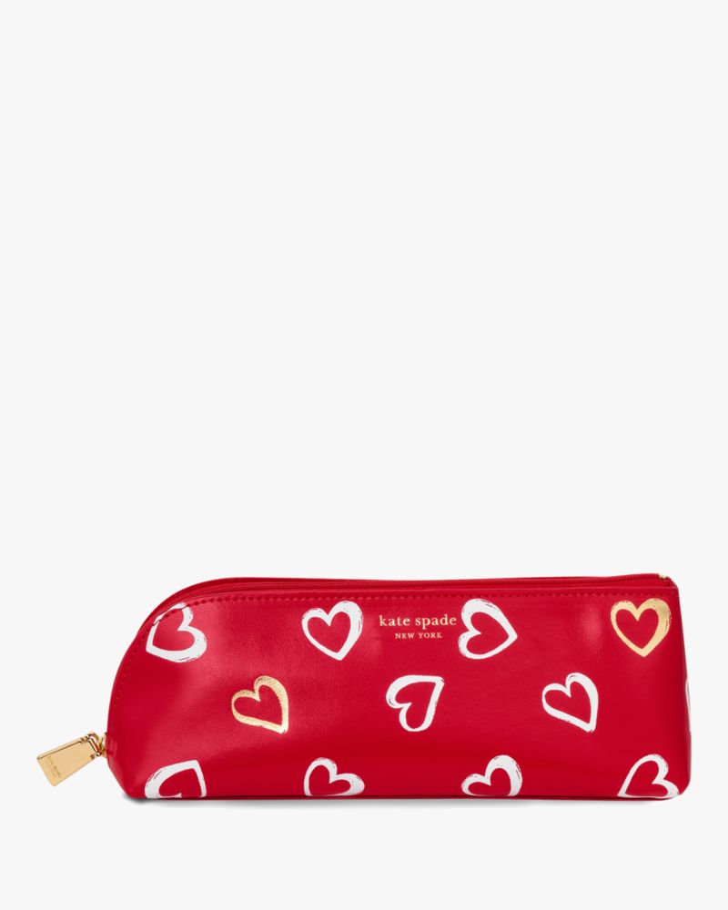 Kate Spade,Brush Hearts Pencil Case,Garnet Red