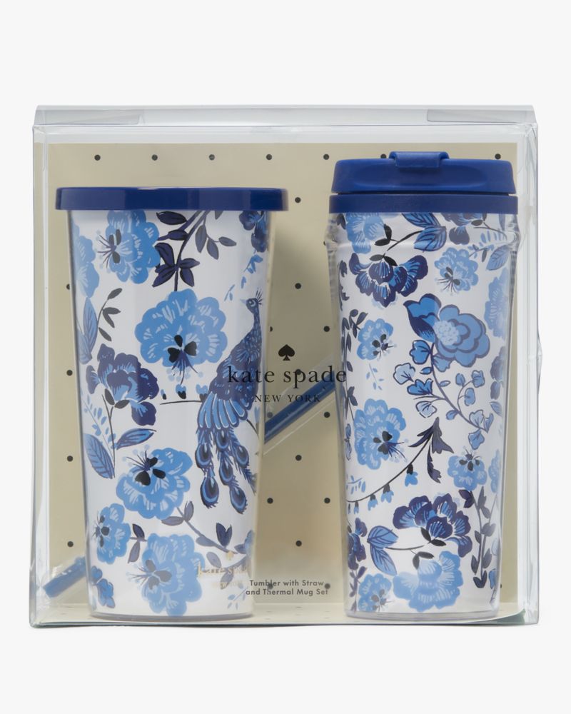 Kate Spade,Peacock Floral Tumbler And Thermal Mug Set,Blue