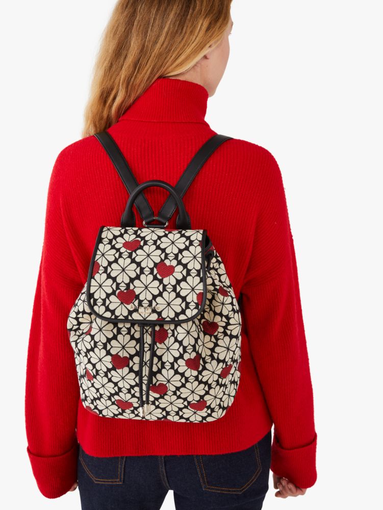 Kate Spade,spade flower jacquard hearts medium flap backpack,backpacks,Medium,Black Multi