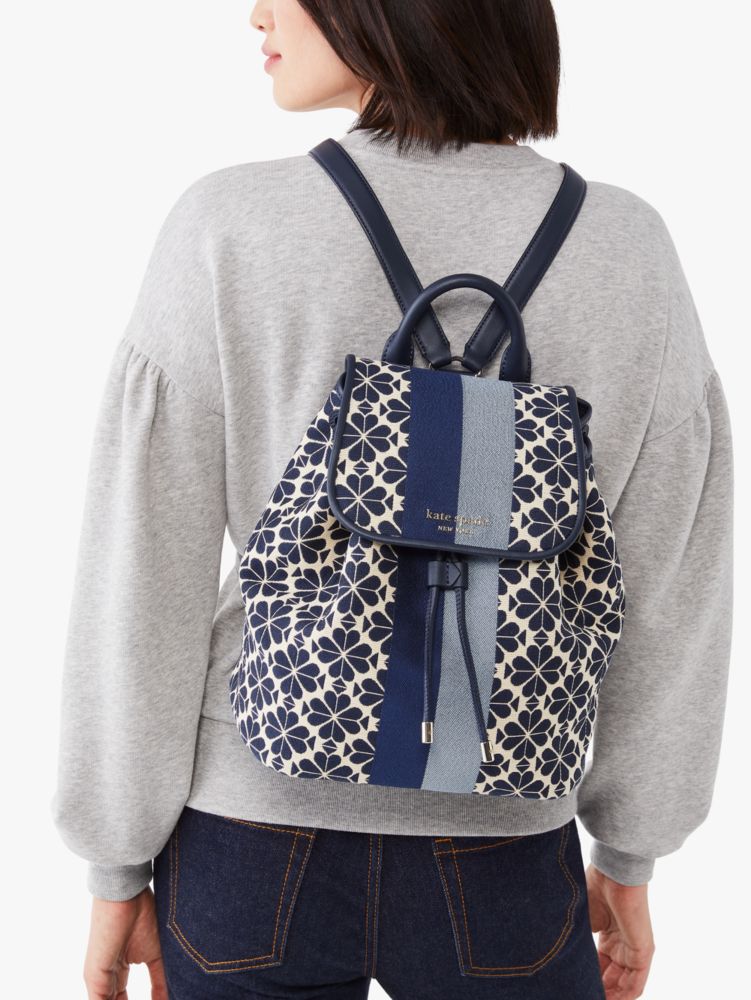 Kate Spade,Spade Flower Jacquard Stripe Sinch Medium Flap Backpack,backpacks,Medium,Blue Multicolor