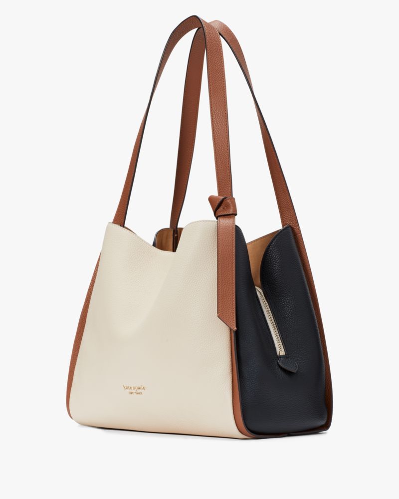Kate Spade,Knott Colorblocked Large Shoulder Bag,Leather,Hobo,Logo,Piping,Word Embellishment,Knot,Color Block,Casual,Cream