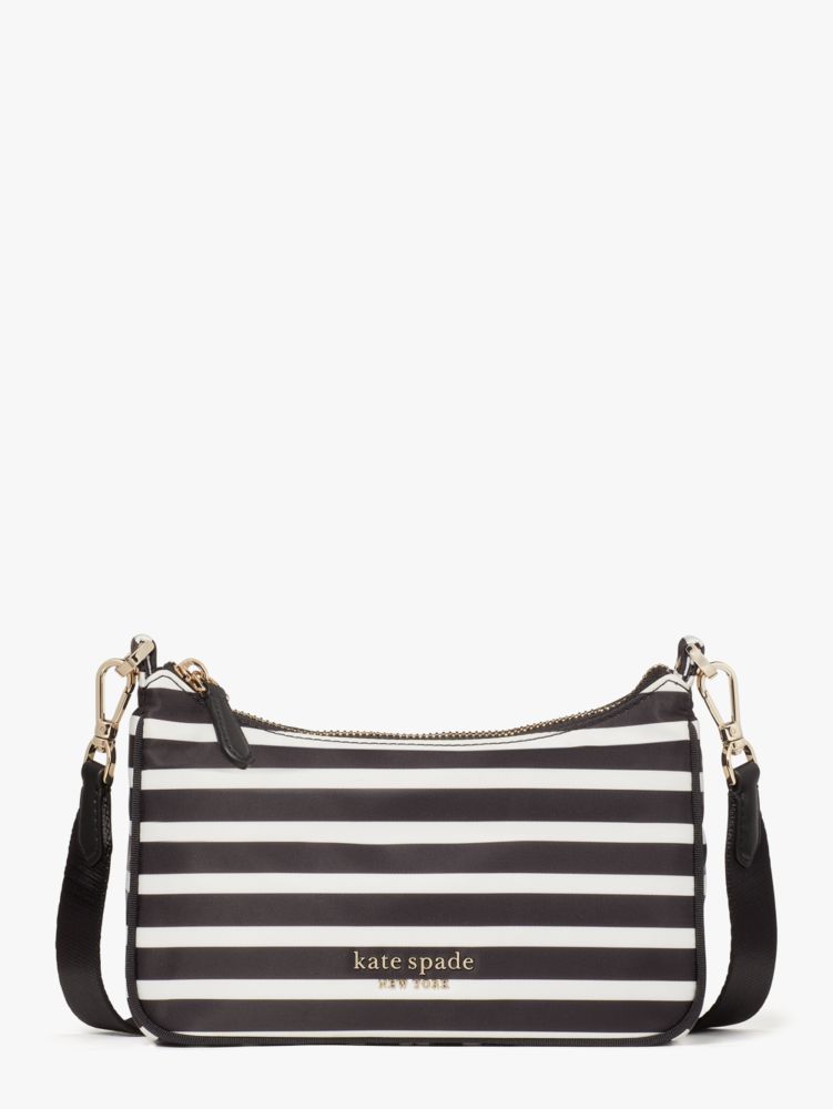 Kate Spade Black Leather Crossbody Purse with Black and White Striped Lining