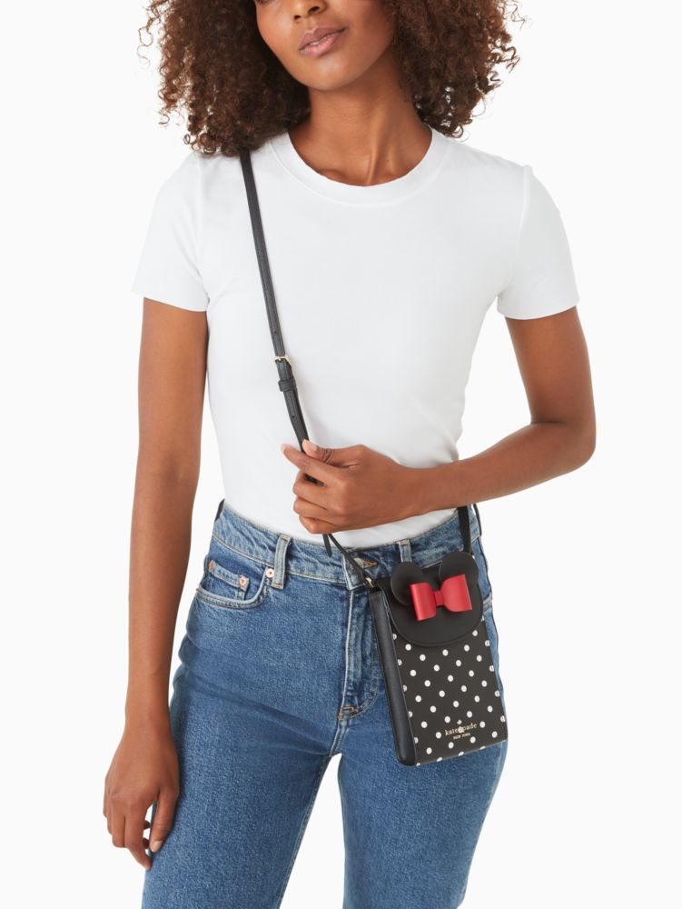 Kate Spade,Disney X Kate Spade New York Minnie Mouse North South Flap Phone Crossbody,Mobile Bag,PVC,Metal Material,Animal...,Black