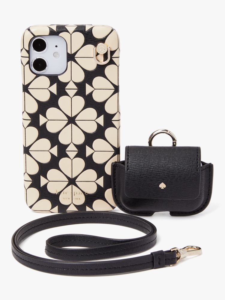 Kate Spade,spade flower embossed 3-piece case & lanyard gift set,phone cases,Black Multi