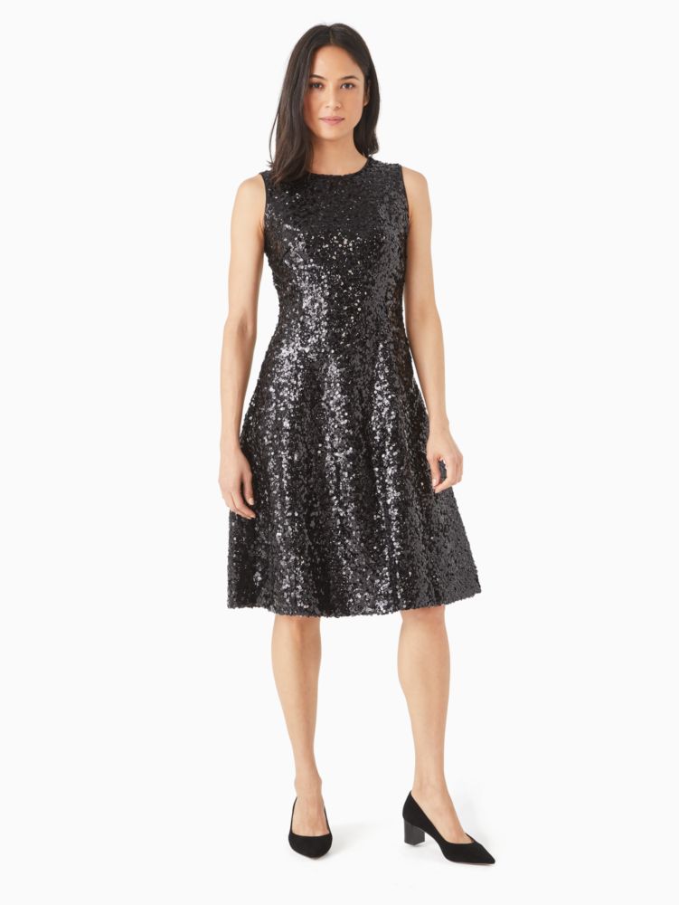 Black sequin fit store and flare dress