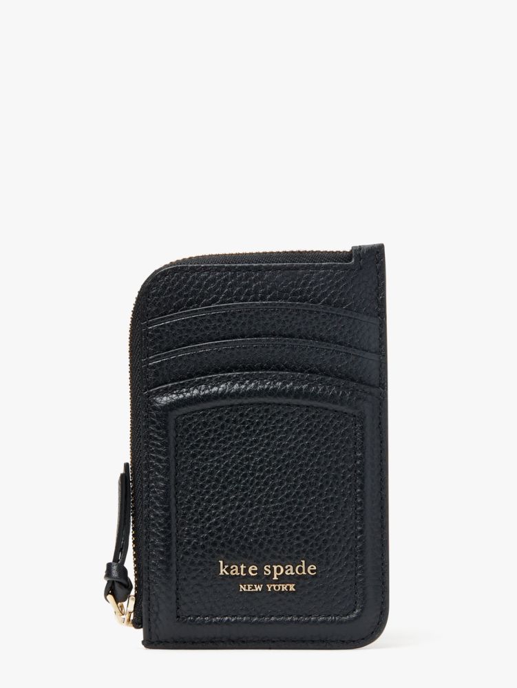 Kate Spade,Knott Zip Cardholder,Leather,Card Case,Logo,Metal,Key Ring,Gold Metal,Casual,Black