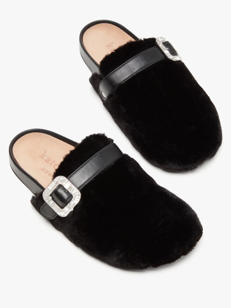 Kate Spade,Cici Mules,Faux Fur,Leather,Mules,Rhinestones,Pearl,Silver Metal,Day Party,Black