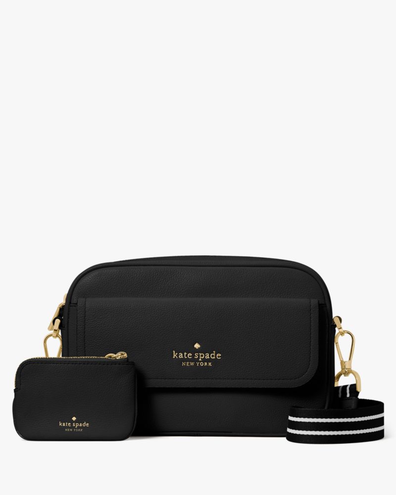 Kate Spade,Rosie Pebbled Leather Flap Camera Bag,Leather,Camera Bag,Coin,Logo,Stripe,Metal,Word Embellishment,Lined,Casual,Black