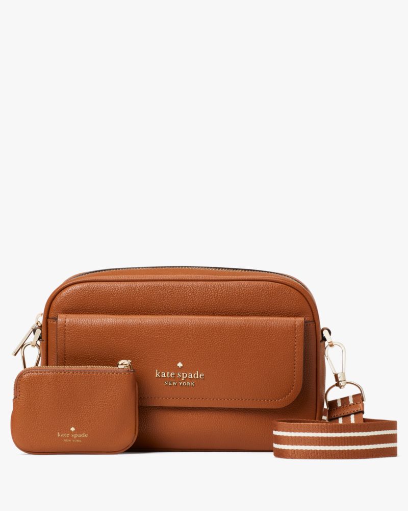 Kate Spade,Rosie Pebbled Leather Small Flap Camera Bag,Leather,Camera Bag,Coin,Logo,Stripe,Metal,Word Embellishment,Lined,...,Brown