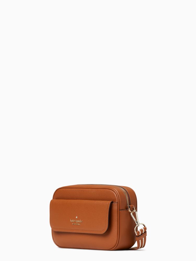 Kate Spade,Rosie Pebbled Leather Small Flap Camera Bag,Leather,Coin,Camera Bag,Logo,Word Embellishment,Stripe,Metal,Lined,...,Brown