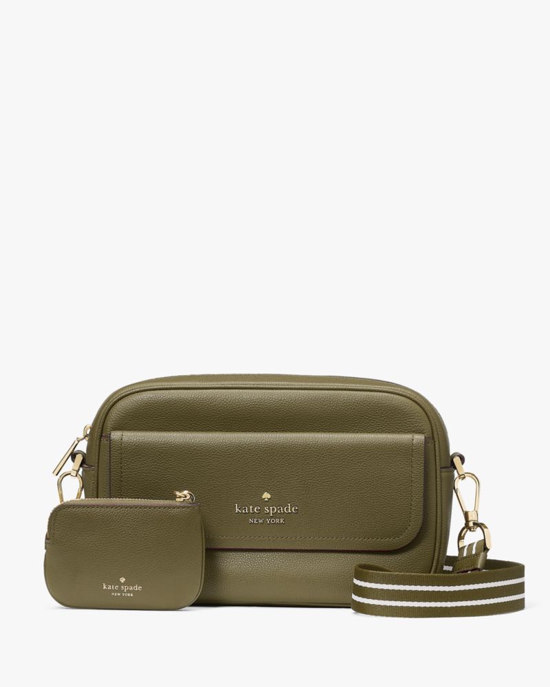 Kate Spade,Rosie Pebbled Leather Flap Camera Bag,Leather,Camera Bag,Coin,Logo,Stripe,Metal,Word Embellishment,Lined,Casual,