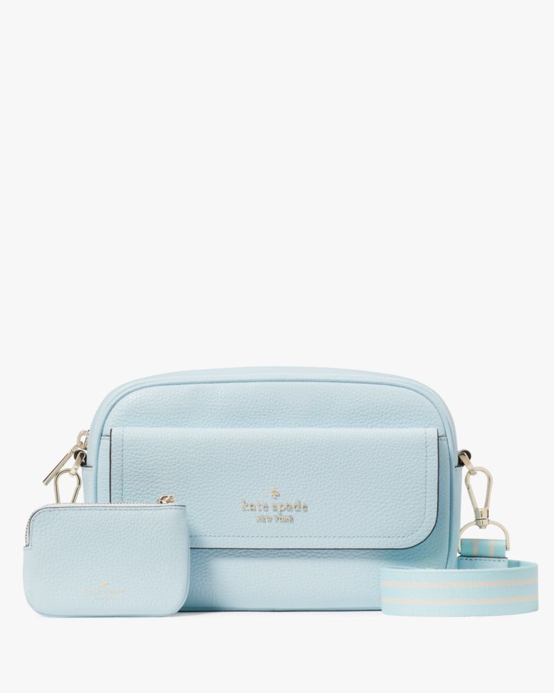 Kate Spade,Rosie Pebbled Leather Flap Camera Bag,Leather,Camera Bag,Coin,Logo,Stripe,Metal,Word Embellishment,Lined,Casual,Blue