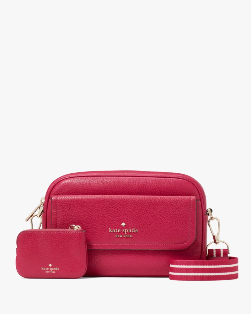 Kate Spade,Rosie Pebbled Leather Small Flap Camera Bag,Leather,Camera Bag,Coin,Logo,Stripe,Metal,Word Embellishment,Lined,...,Fuchsia