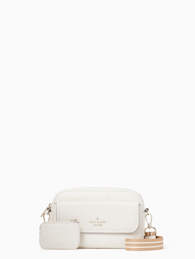 Kate Spade,Rosie Pebbled Leather Flap Camera Bag,Leather,Camera Bag,Coin,Logo,Stripe,Metal,Word Embellishment,Lined,Casual,White