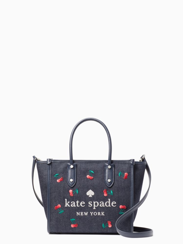 Kate Spade Ella Cherry Embroidered Small Tote Crossbody Denim Blue Multi