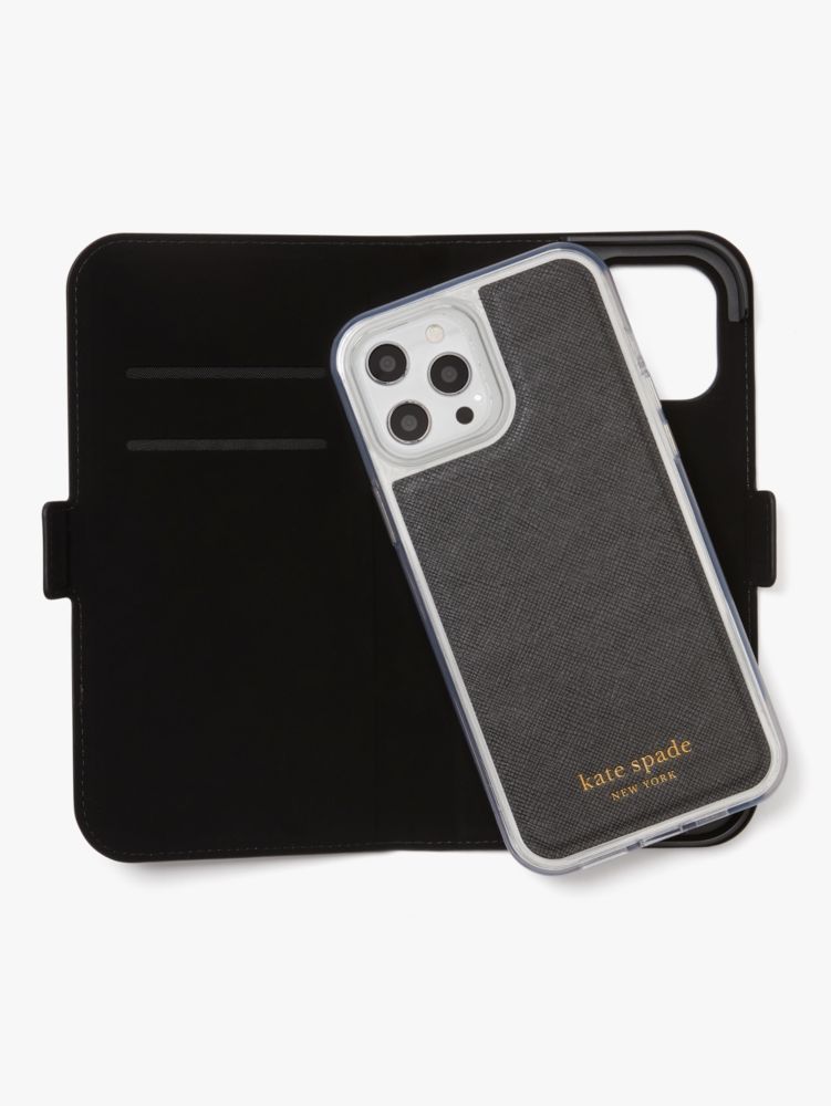 Kate Spade,Spencer iPhone 13 Pro Max Magnetic Wrap Folio Case,Warm Beige/Black