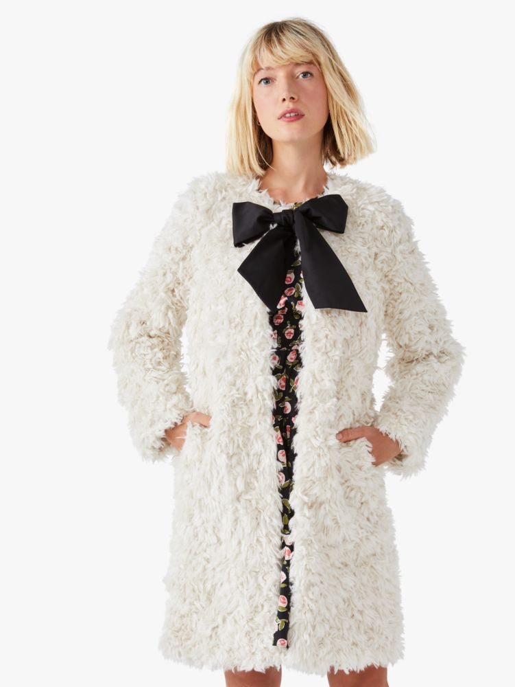 French Cream Faux Fur Bow neck Coat