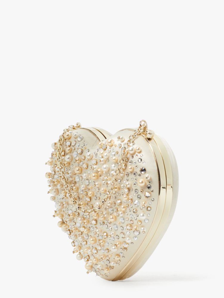 Kate Spade,Bridal Embellished 3d Heart Clutch,Clutch,3D Embellishment,Pearl,Rhinestones,Embellished,Formal,Cream