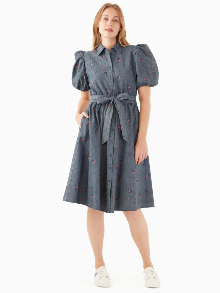 Kate Spade,embroidered cherry puff sleeve shirtdress,