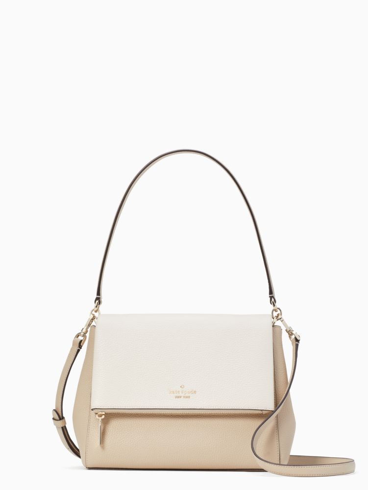 Kate Spade,Leila Medium Flap Shoulder Bag,Leather,Shoulder Bag,Color Block,Logo,Metal,Lined,Casual,Beige