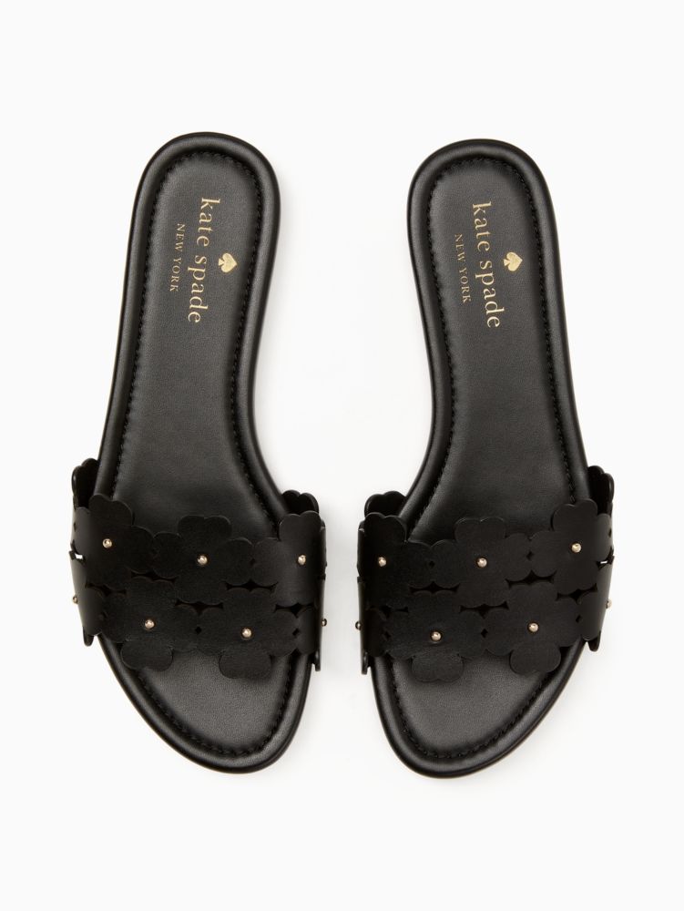 Kate Spade,Daisy Field Sandals,Leather,Rubber,Slides,Studded,Perforated,Silver Metal,Pool,Black