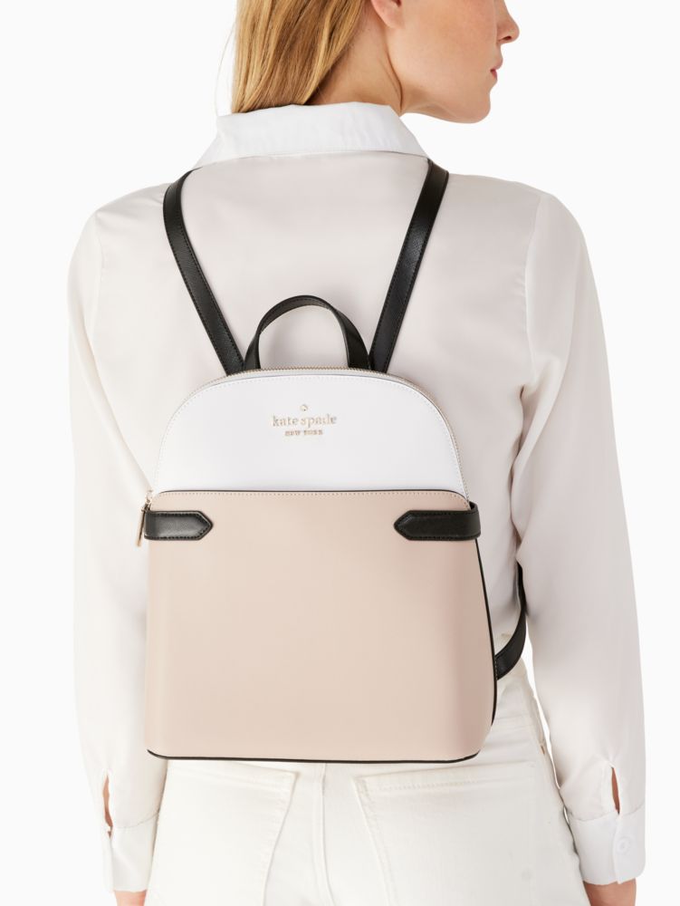 Kate Spade,Staci Dome Backpack,Leather,Backpack,Logo,Metal,Color Block,Lined,Casual,Beige