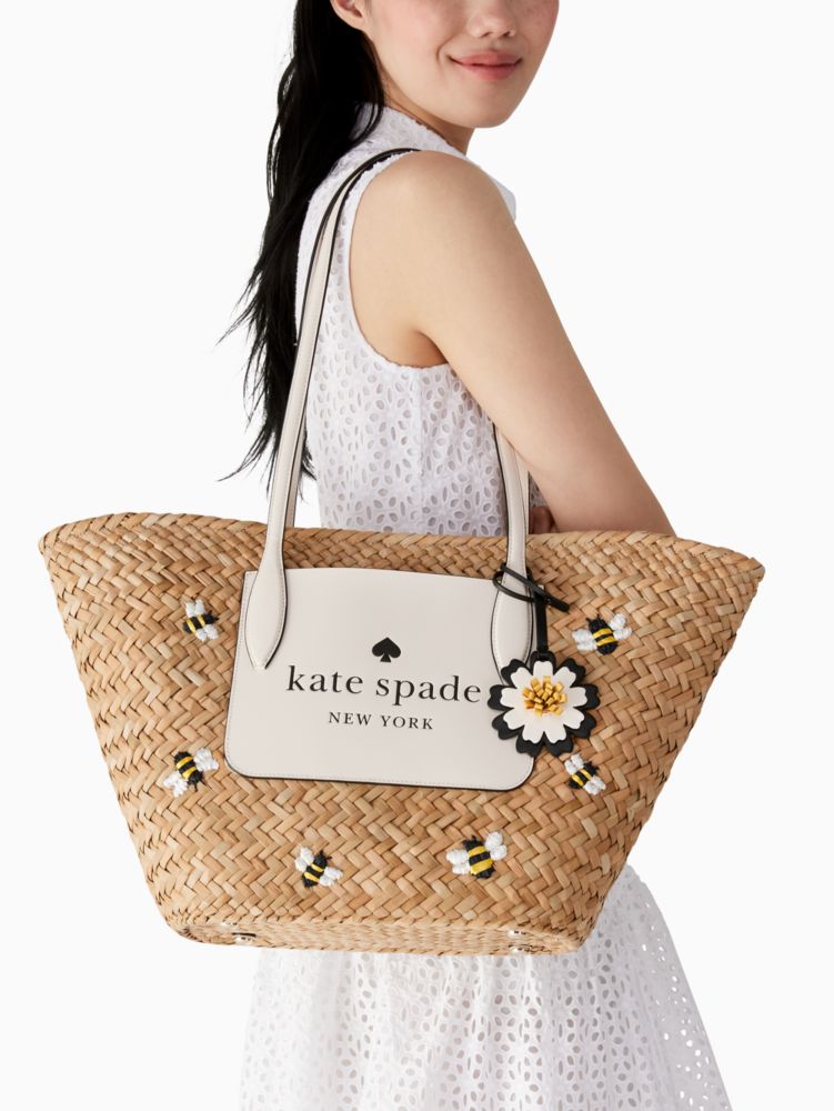 Kate Spade,honey bee straw tote bag,Natural Multi