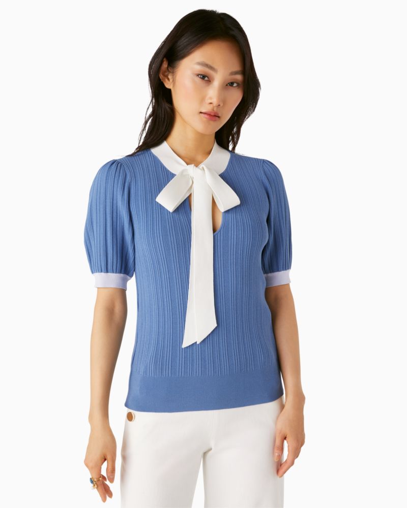 Kate Spade,Colorblock Bow-neck Sweater,Viscose,Polyester,Pullover,Sweater,Ribbed,Color Block,Day Party,Blue