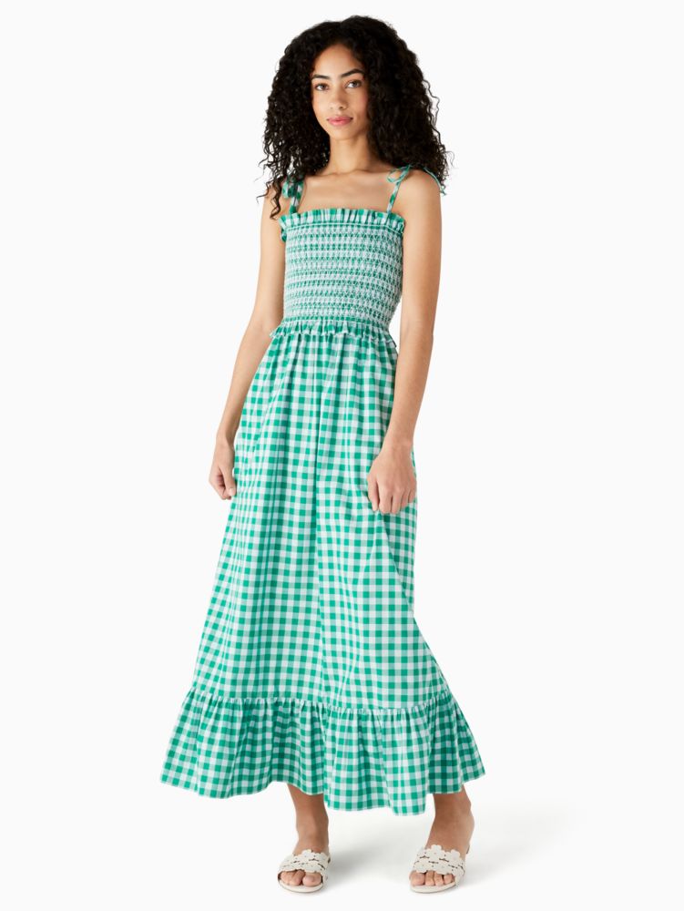 Kate Spade,Gingham Smocked-bodice Dress,Cotton,A-Line,Shirring,Ruffles,Day Party,Multi Color