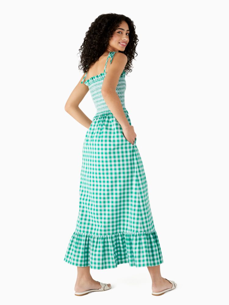 Kate Spade,gingham smocked-bodice dress,60%,Wintergreen/Blue Glo