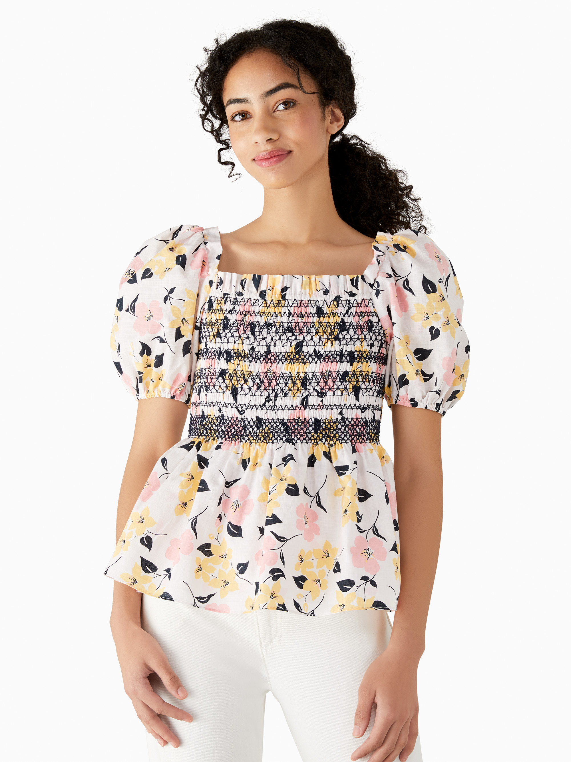 Kate Spade Lily Blooms Puff-sleeve Top