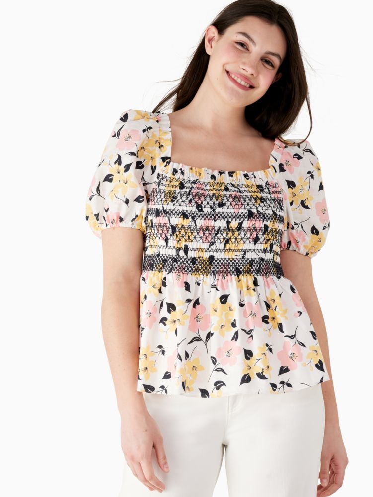 Kate Spade,lily blooms puff-sleeve top,tops & blouses,60%,Cream
