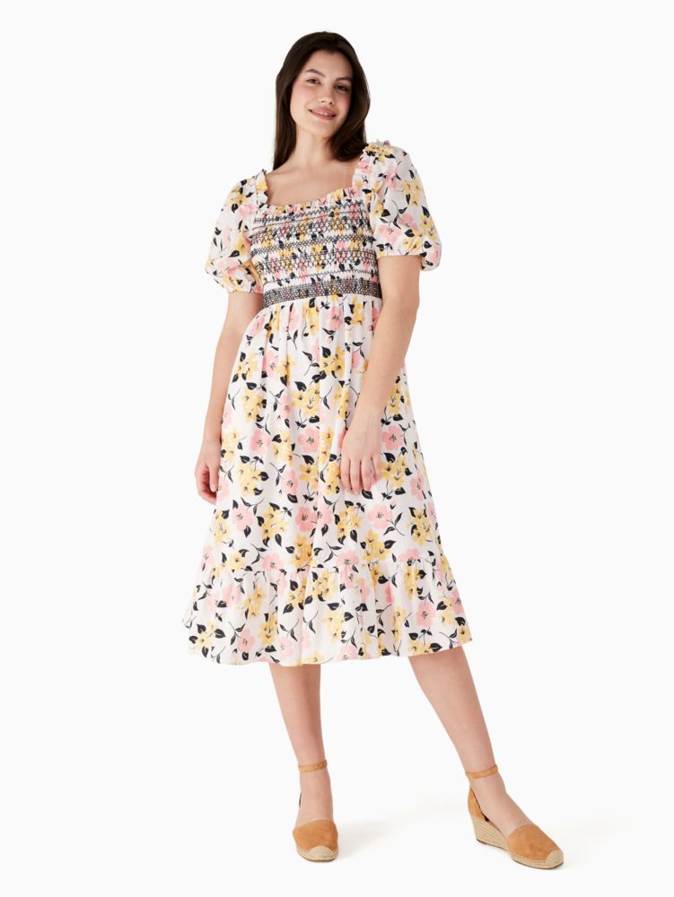 Kate Spade,lily blooms smocked midi dress,dresses & jumpsuits,60%,Cream