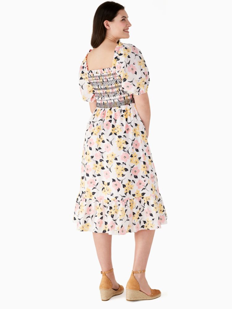 Kate Spade,Lily Blooms Smocked Midi Dress,Lining Cotton,Cotton,A-Line,Ruffles,Shirring,Day Party,Multi Color