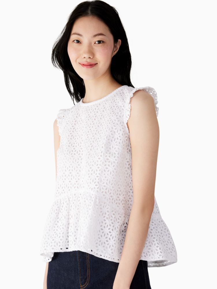 Kate Spade,Eyelet Flounce Top,Cotton,Tank,Frills,Eyelet,Lined,Day Party,White