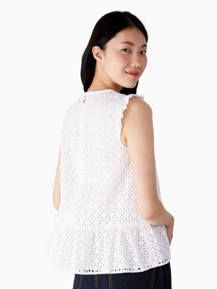 Kate Spade,Eyelet Flounce Top,Cotton,Tank,Frills,Eyelet,Lined,Day Party,White