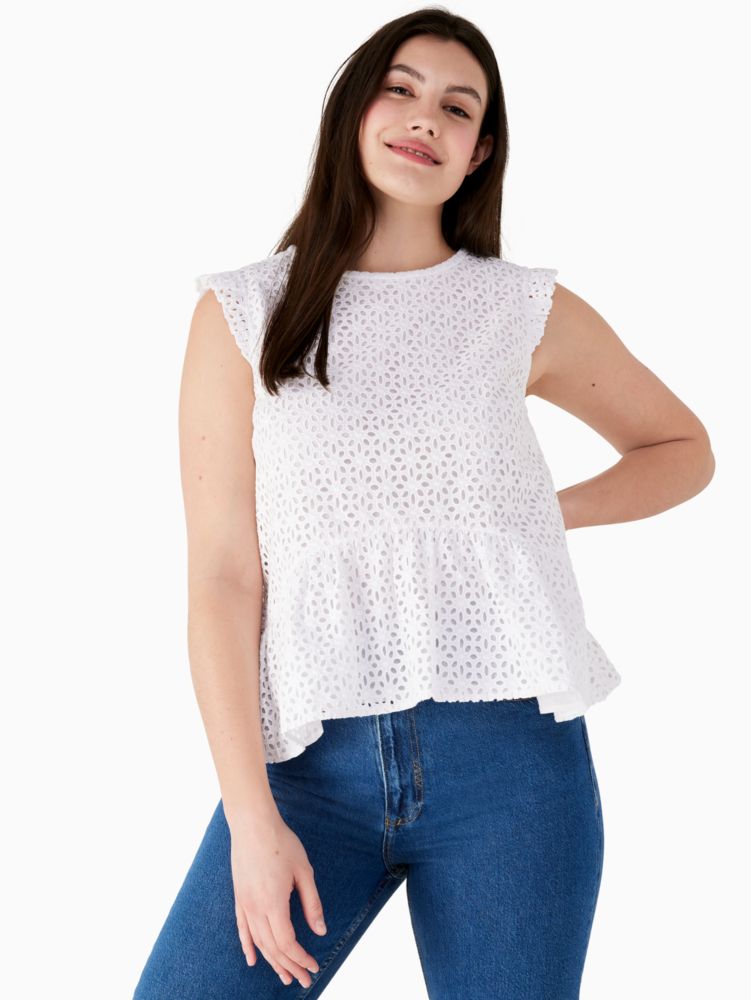 Kate Spade,Eyelet Flounce Top,Cotton,Tank,Frills,Eyelet,Lined,Day Party,White