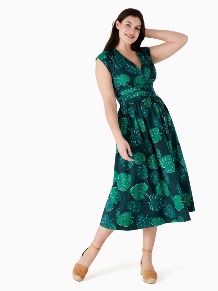 Kate Spade,monstera leaves poplin bow dress,60%,Dark Forest