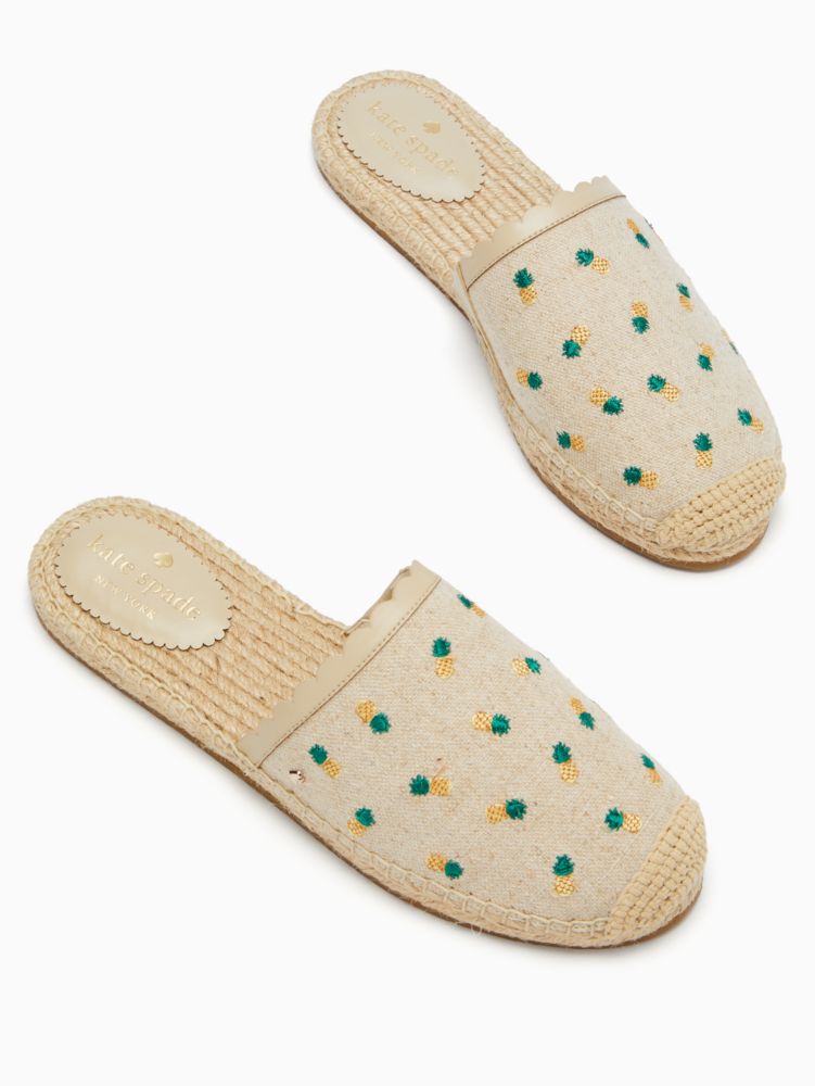 Kate Spade,Rosie Pineapple Flats,Cotton,Faux Leather,Rubber,Slides,Espadrilles,Mules,Fabric,Embroidered,Indoor,Cream