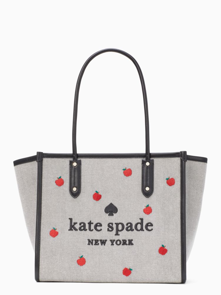 Kate Spade Ella Large Orchard Toss Apple Embroidered Shoulder Bag Tote Black